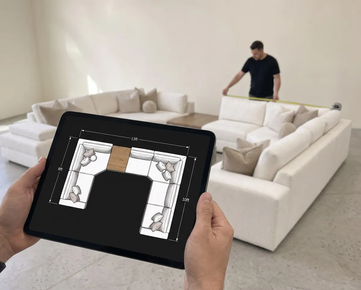 Hands holding a tablet showing the 3D layout diagram while our team measures a Haven Sectional in the room behind