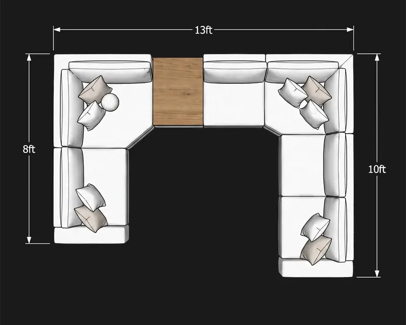 Top-view layout diagram of a custom U-shaped Haven Sectional measuring 13 feet by 10 feet by 8 feet on a dark background