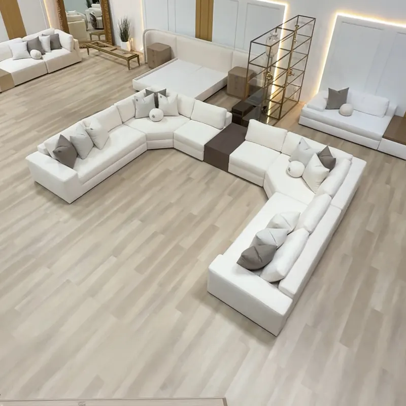 Overhead view of a large custom white U-shaped Haven Sectional in a bright room