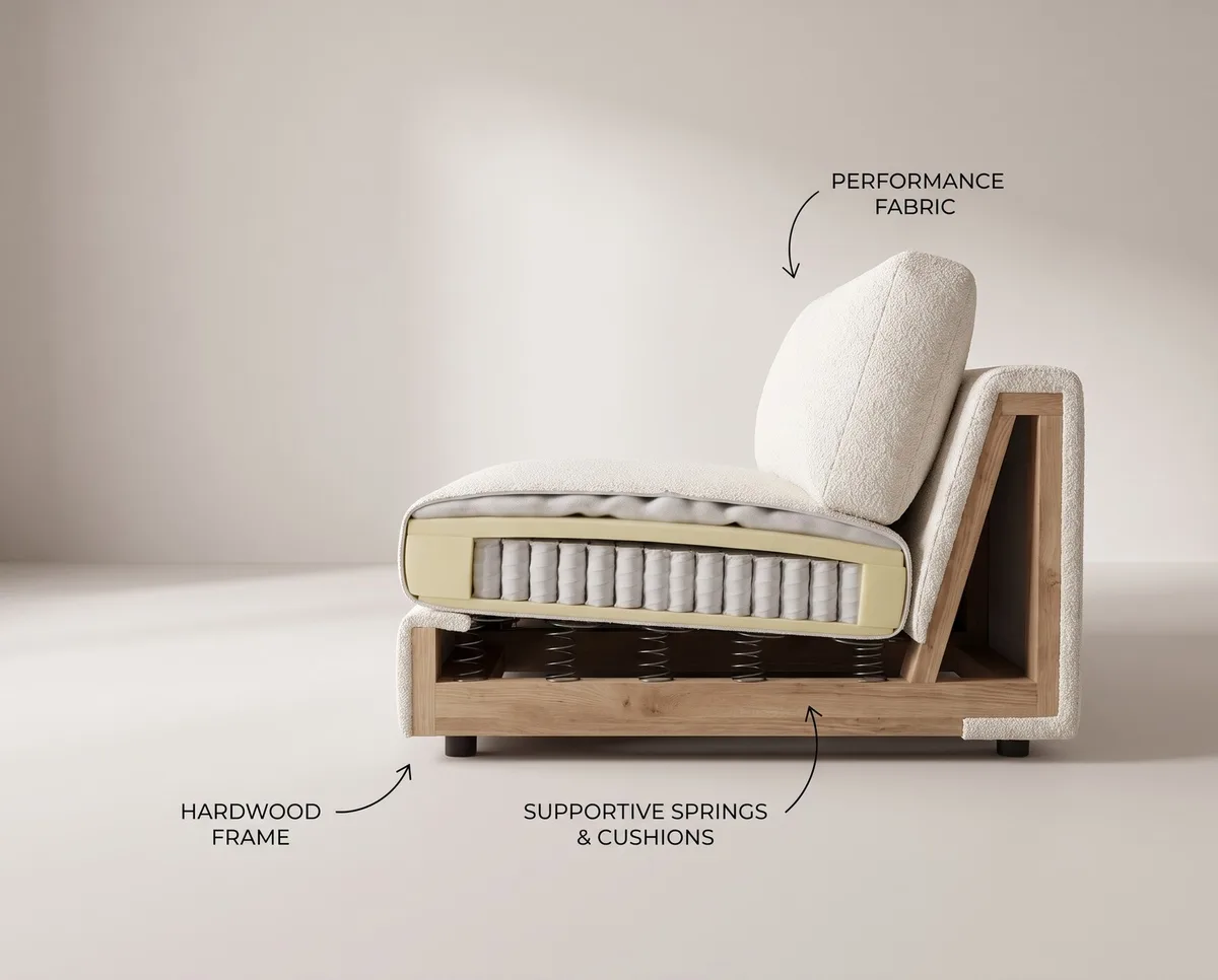 Cutaway of a Haven Sectional showing performance fabric, supportive springs and cushions, and the hardwood frame