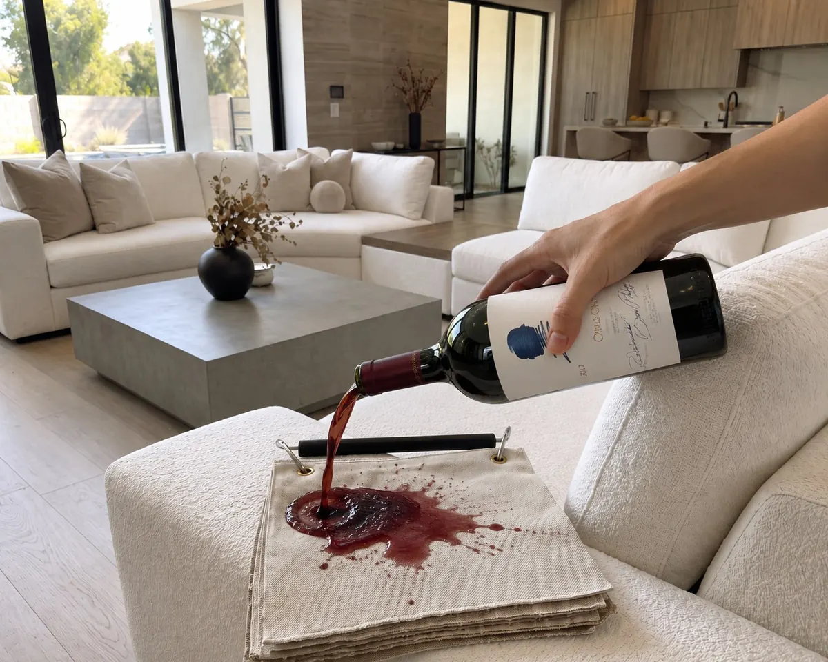 Red wine poured onto a spill-resistant performance fabric swatch on a Haven Sectional cushion